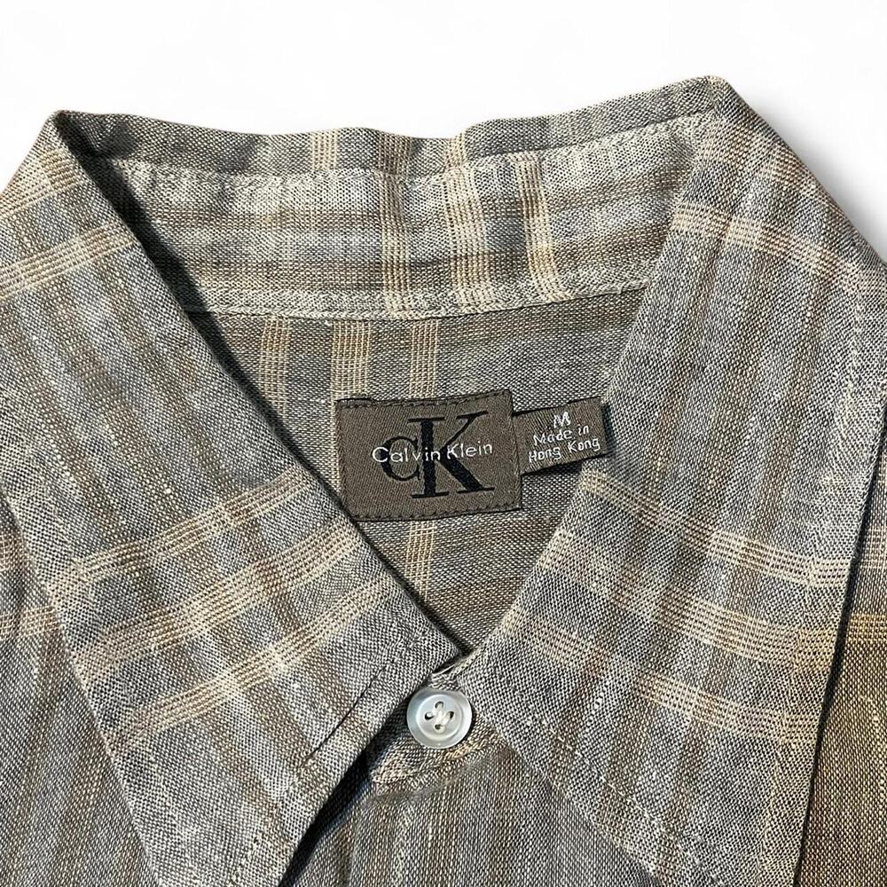 Calvin Klein 100% Linen Plaid Button Up Shirt Men's M Gray Tan Long Sleeve